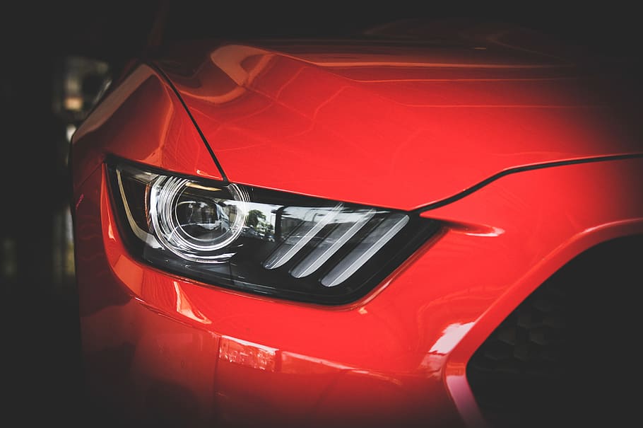 Red Car Head Light, automobile, automotive, design, ford, ford mustang, HD wallpaper