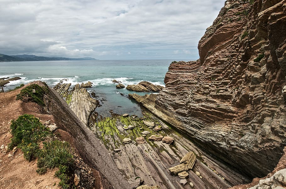 cliff, rocks, blue, landscape, nature, water, beach, stones HD wallpaper