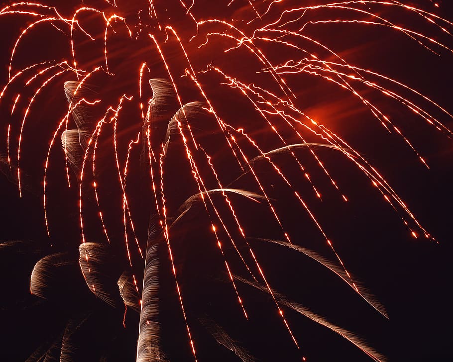 firework display taken at nighttime, fireworks, red, orange HD wallpaper