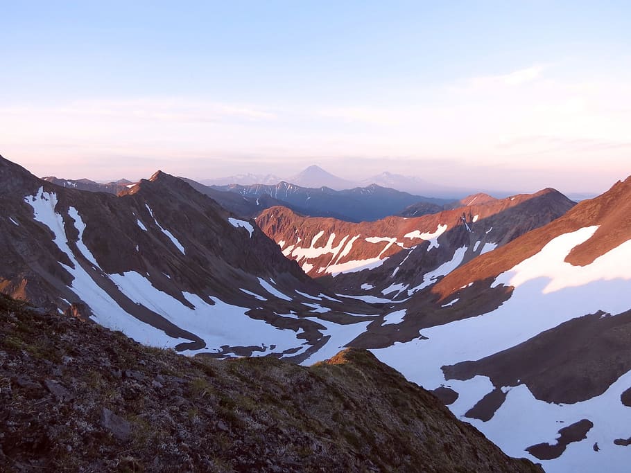 mountains, volcano, climbing, height, ranges, open space, evening HD wallpaper