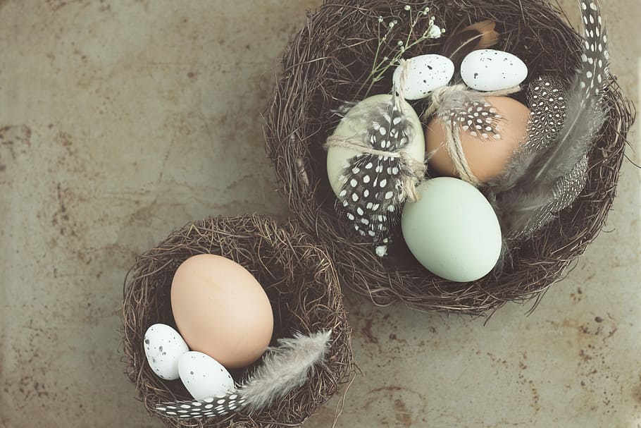 five white and brown poultry eggs, assorted eggs on two brown baskets HD wallpaper