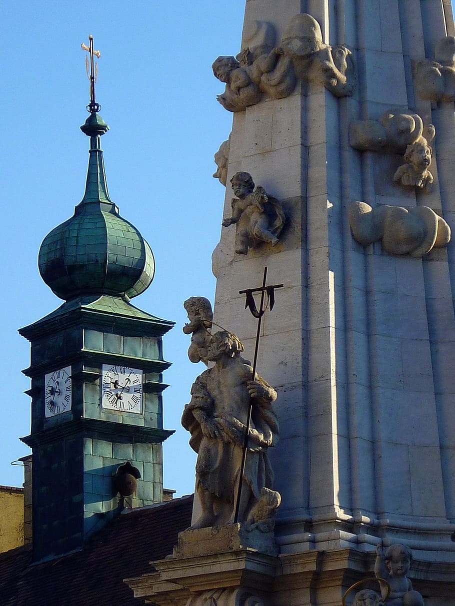 budapest, castle area, holy trinity, statue, blue sky, clock tower HD wallpaper