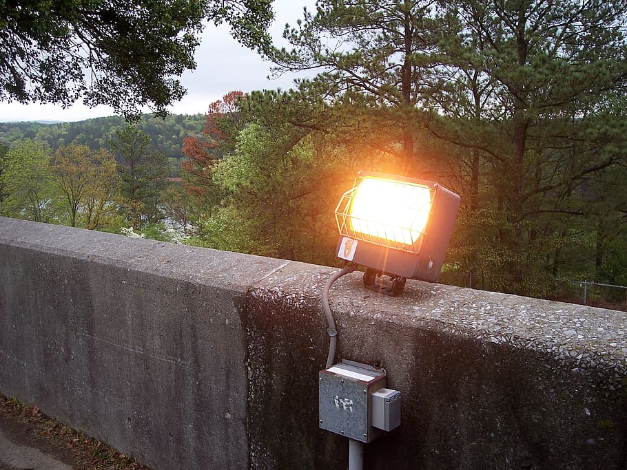street lamp, illumination, light, wall, stone, forest, plant HD wallpaper