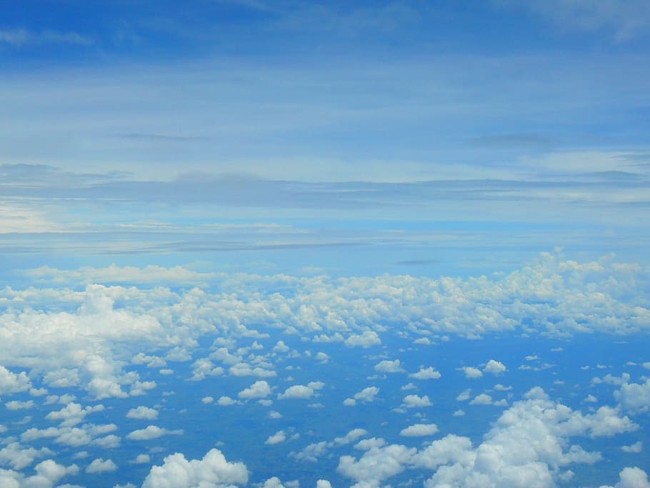 white clouds and blue sky at daytime, Sky, Blue, Airplane, View HD wallpaper