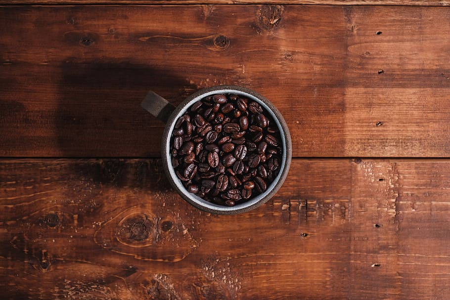 coffee beans on cup, coffee beans on stainless steel container HD wallpaper
