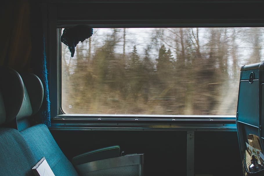 seats, train, travel, trees, view, window, vehicle interior HD wallpaper