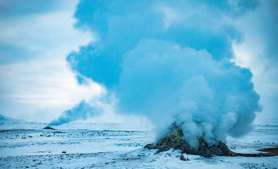 landscape photography of rock bursting smoke, volcano blowing smoke HD wallpaper
