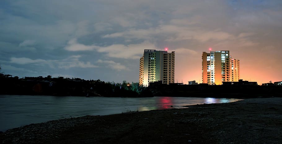 building, reflection, night, light, urban, sunset, architecture HD wallpaper