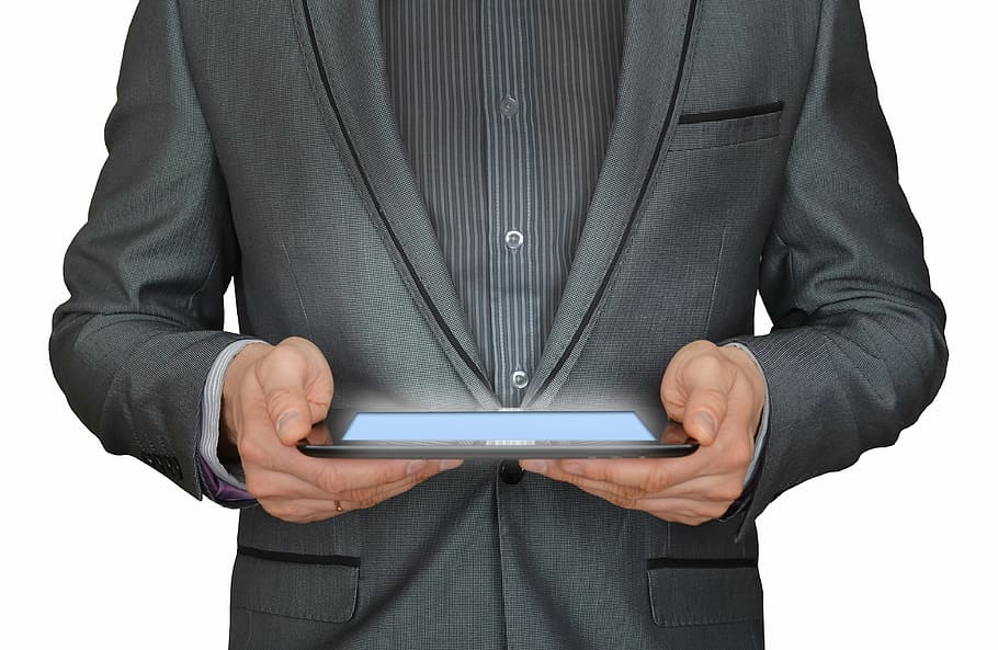 person holding black tablet, man, businessman, tablet computer