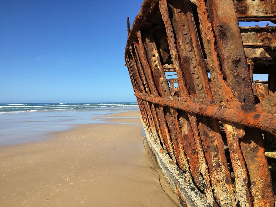 wreck, beach, ship, old, rusty, sea, sand, coastline, water HD wallpaper
