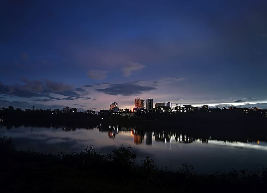 riverside, night, twilight, sky, water, reflection, cloud - sky HD wallpaper