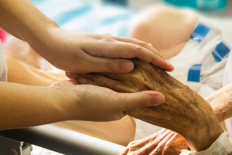 human holding old man hand, hand in hand, hospice, patient, nursing