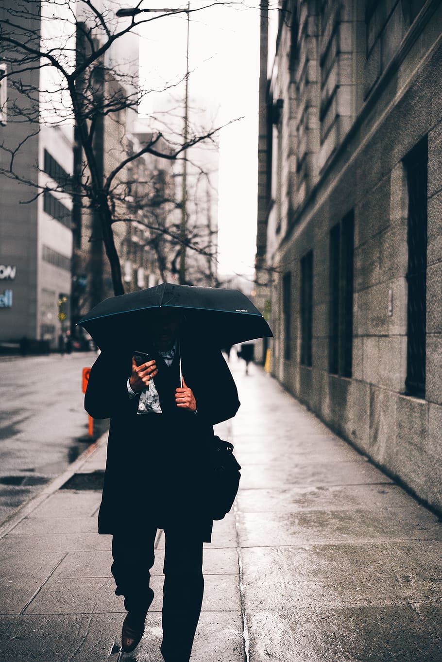 The headless man., person using umbrella and phone while walking on street during daytime, HD wallpaper