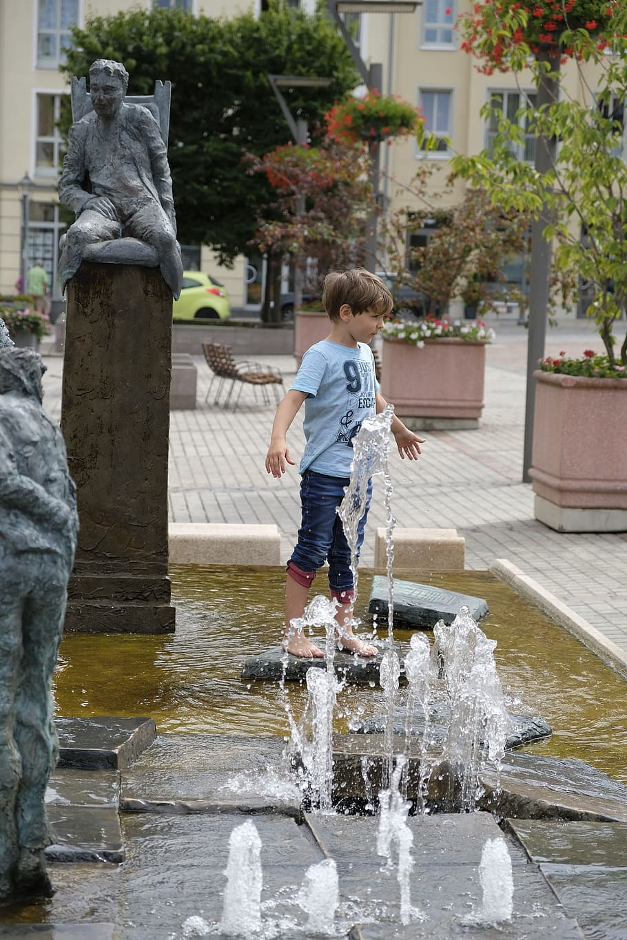child, boy, play, cool down, cooling, summer, fountain, water HD wallpaper