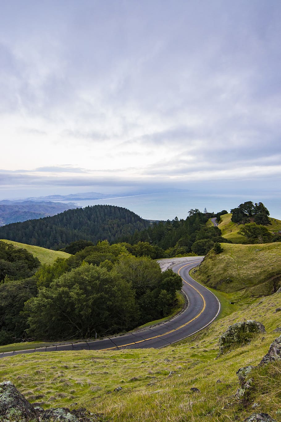 curve asphalt road on hill near sea under cloudy sky, grey top road between green grass field on daytime HD wallpaper