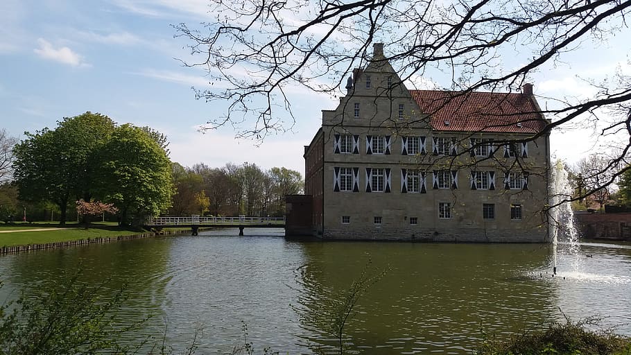 moated castle, architecture, waters, lake, tree, built structure HD wallpaper