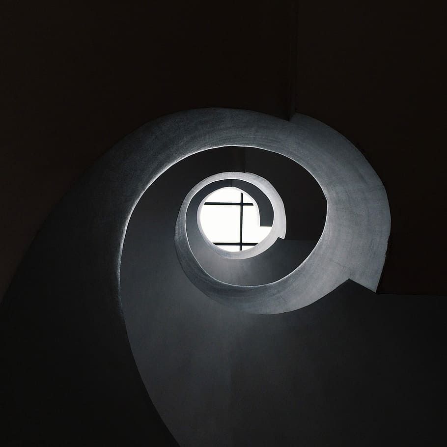 bottom view of concrete spiral stair, gray spiral digital wallpaper