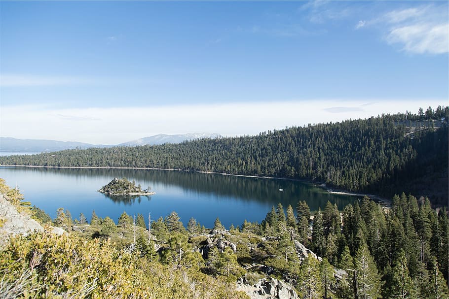 lake, water, trees, mountains, nature, landscape, blue, sky HD wallpaper