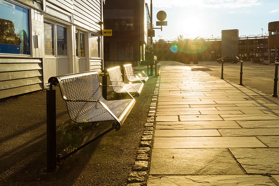 sunset, bench, street, gold, architecture, sunlight, built structure HD wallpaper