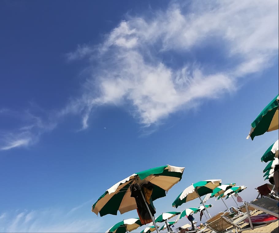 Sea, Sun, Clouds, Blue, Color, sky, beach, umbrellas, holidays HD wallpaper