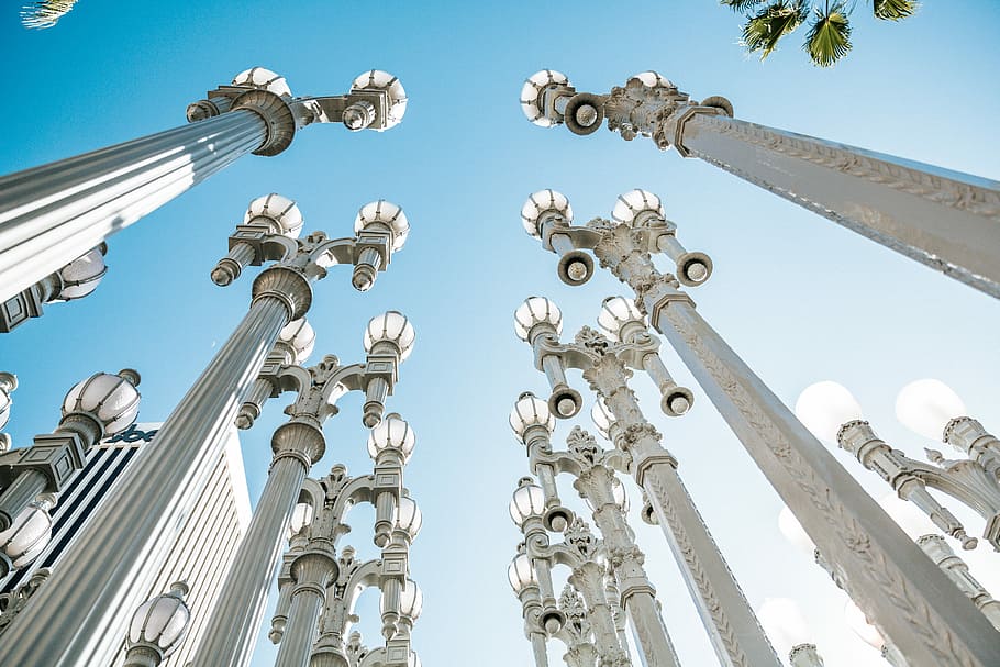 low angel photography of columns, Urban Light, looking up, lights HD wallpaper