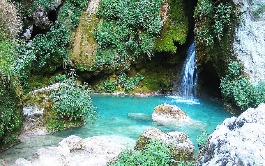 waterfalls on cave, river, nature, dreams, green, stone, peace HD wallpaper