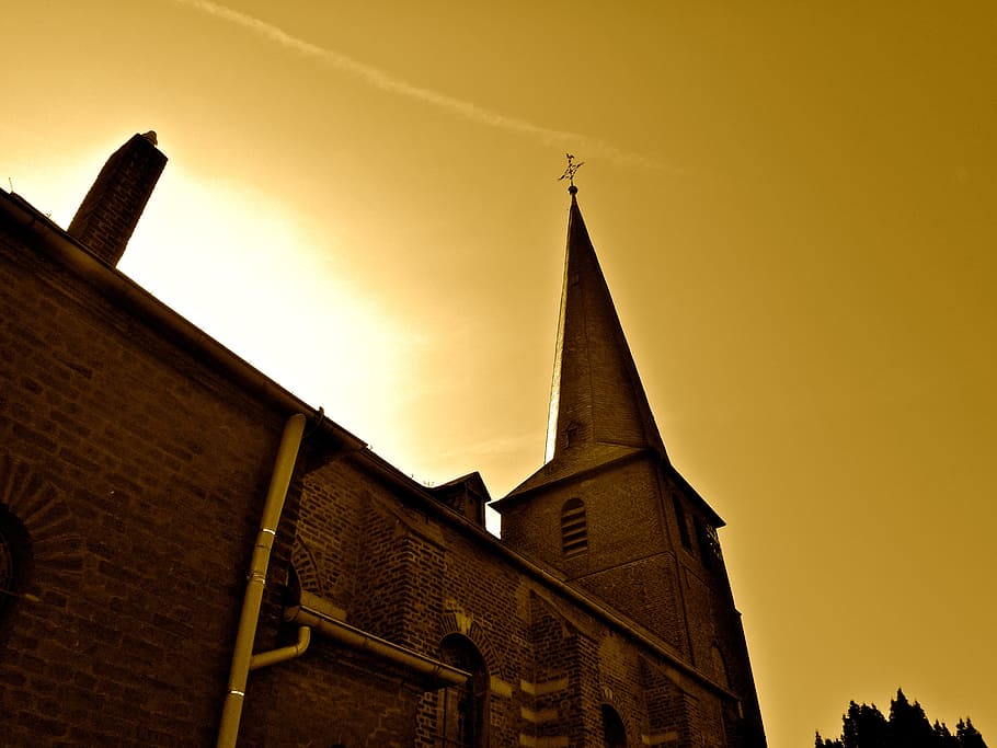 church, evening, mood, tower, building, perspective, sephia HD wallpaper