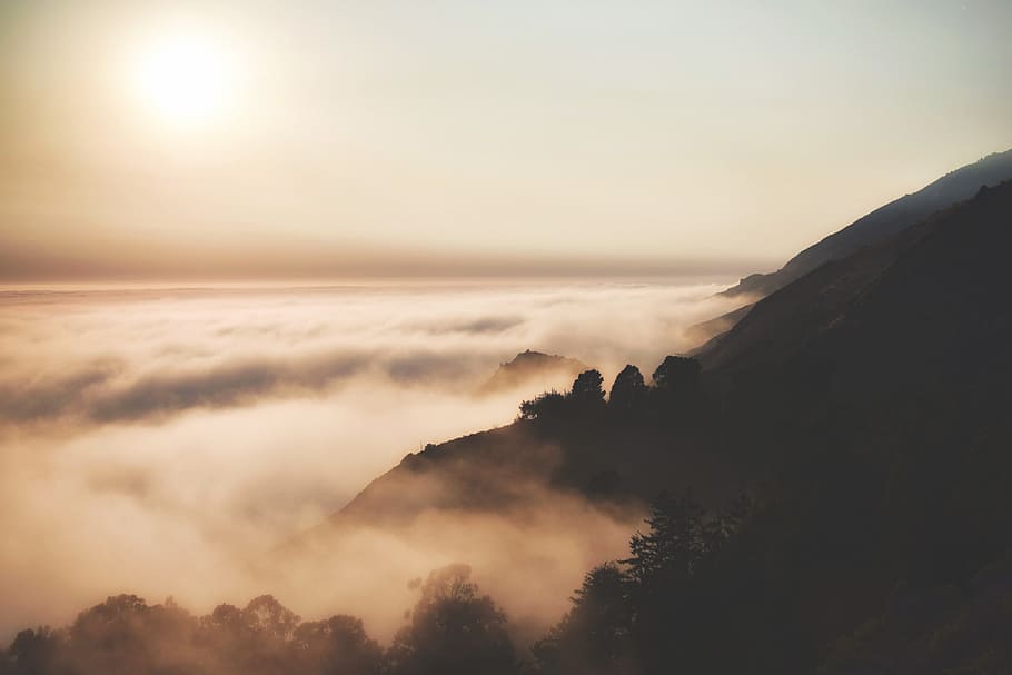 clouds and mountain aerial photography, silhouette photography of mountain covered with fogs HD wallpaper