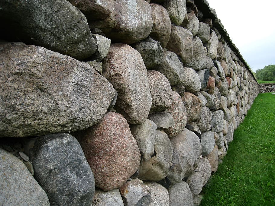 wall, stone, grass, summer, sky blue, solid, rock, nature, rock - object HD wallpaper