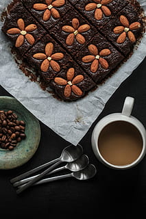 cake top with almonds, almond cake beside coffee mug, brownies HD wallpaper