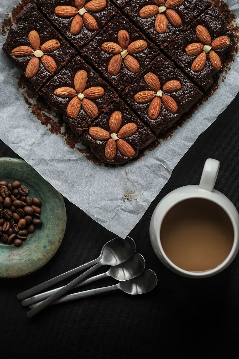 cake top with almonds, almond cake beside coffee mug, brownies HD wallpaper