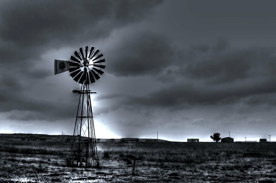 windmill during daytime, black and white landscape, country, cloud - sky