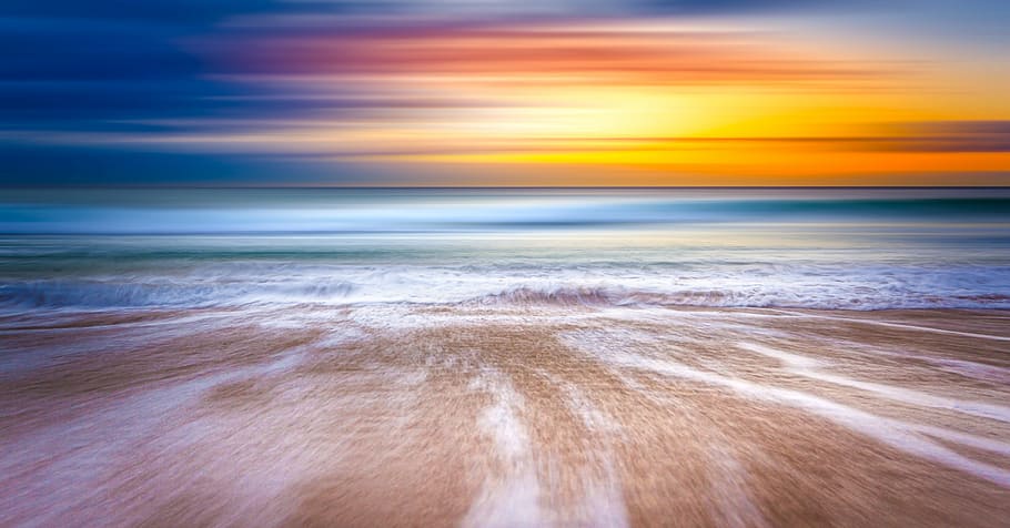 seashore photography, sunset, sky, water, waves, ocean, horizon HD wallpaper