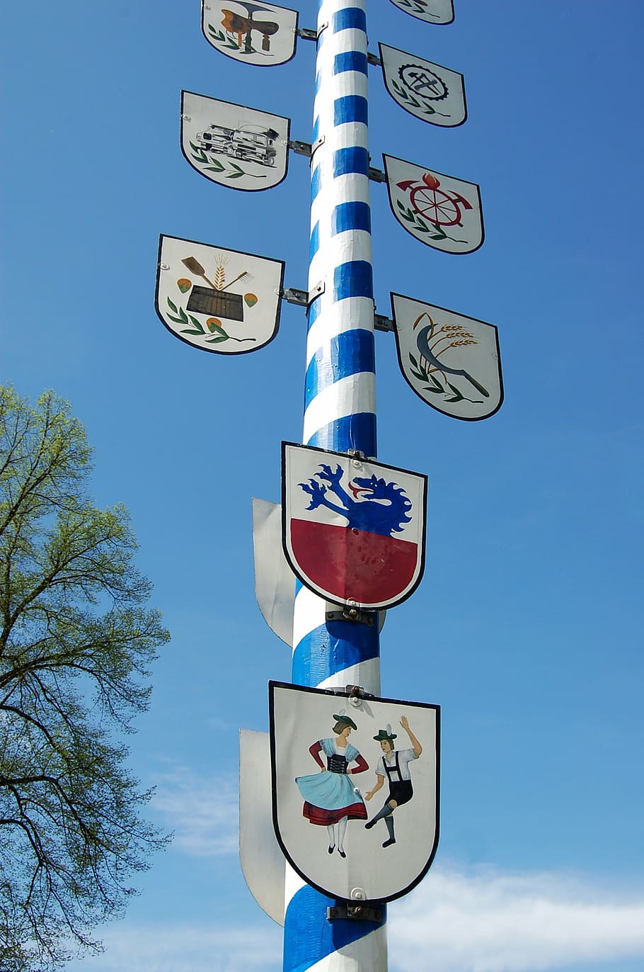 bavaria, customs, maypole, sky, sign, communication, low angle view HD wallpaper
