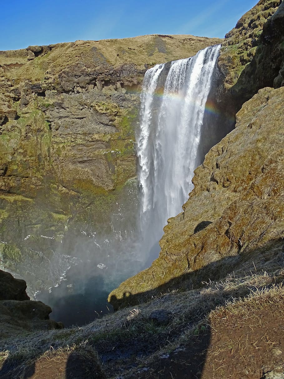 waterfall, mountain, rainbow, iceland, rock, flow, scenics - nature HD wallpaper