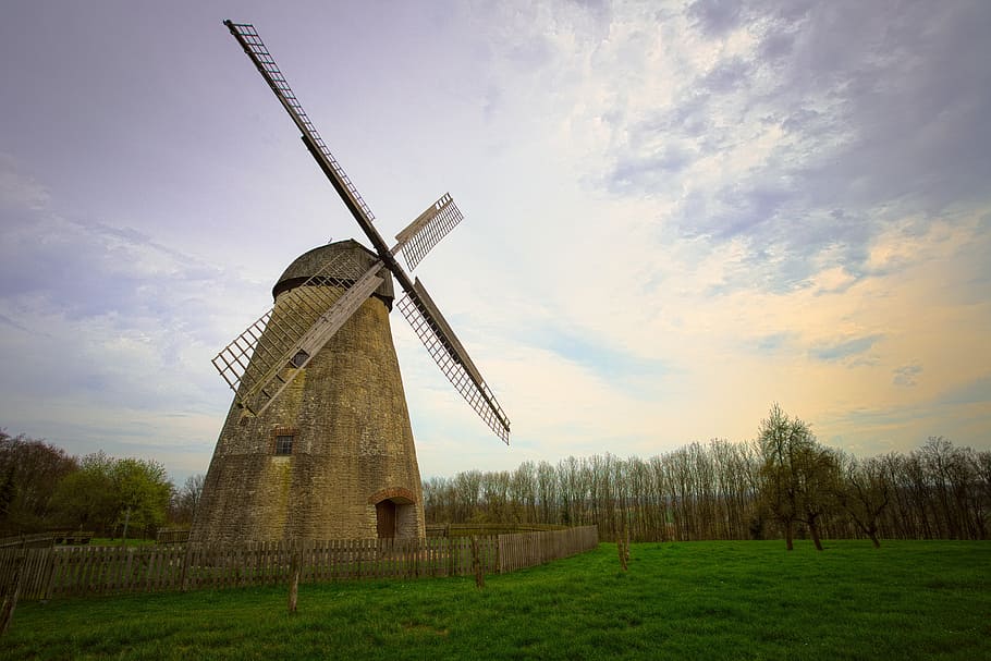 landscape photography of windmill, clouds, sky, lonely, weather HD wallpaper