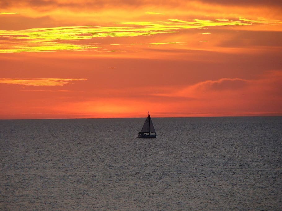 sunset, ocean, water, wave, boat, sail, clouds, sea, sailboat HD wallpaper