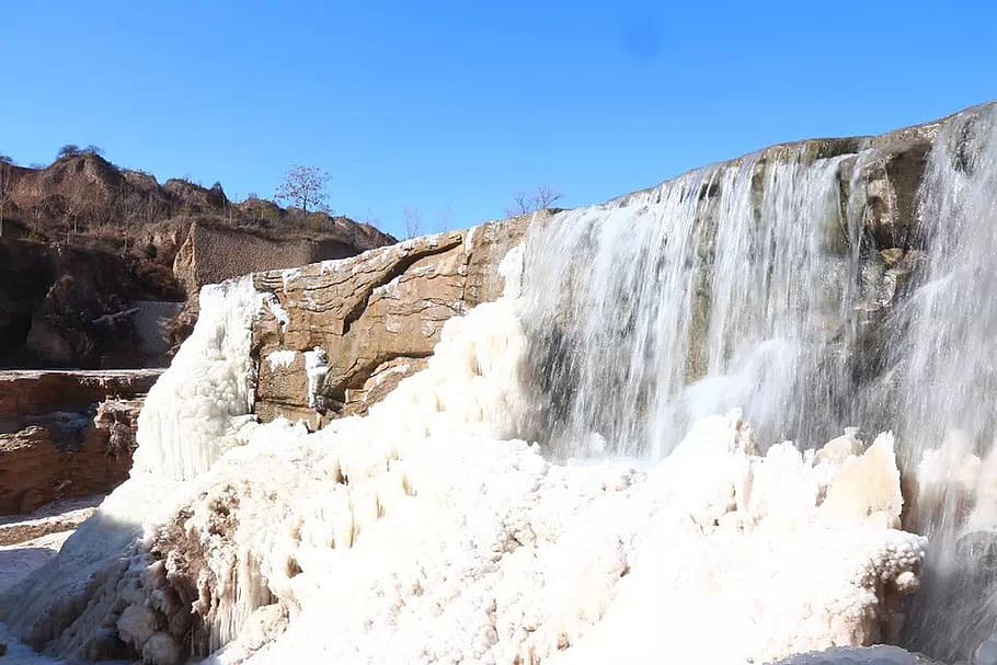 blue sky, falls, icefall, rock, waterfall, scenics - nature HD wallpaper