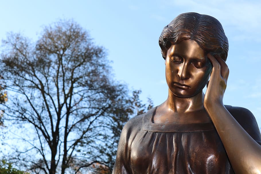 statue, bronze figure, tree, bronze statue, head, girl, art HD wallpaper