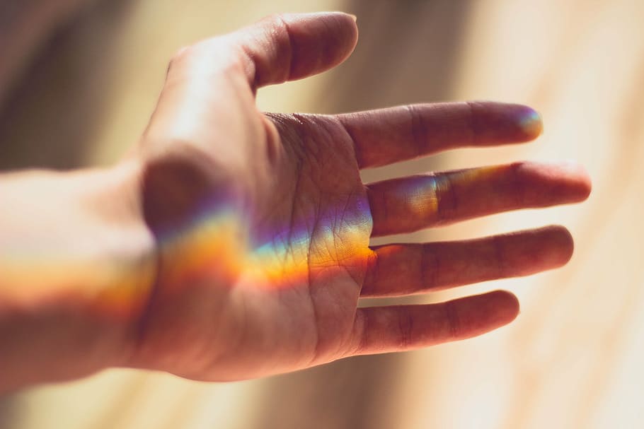 close up photograph of left human palm, hand, rainbow, light HD wallpaper