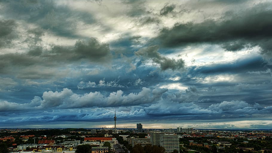 white clouds above buildings, city, panorama, sky, homes, skyline HD wallpaper