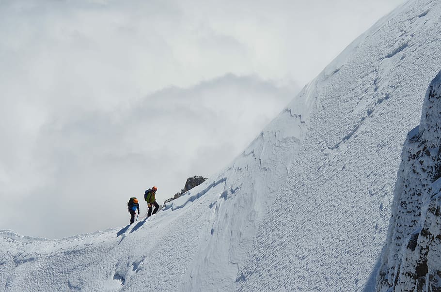 two persons trekking on snow mountain, two person icy hiking HD wallpaper