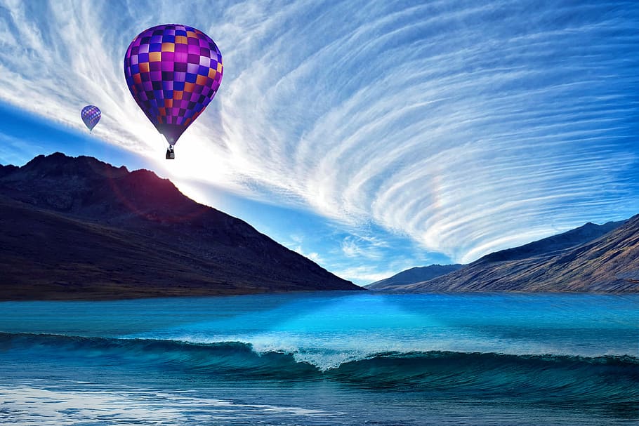 two hot-air balloon above body of water, sea, cloud, wave, tornado HD wallpaper