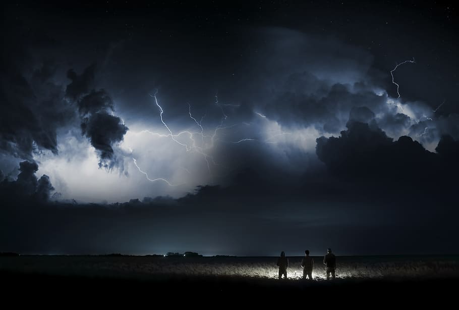 three men near grasses during nighttime, sky, nature, forward HD wallpaper