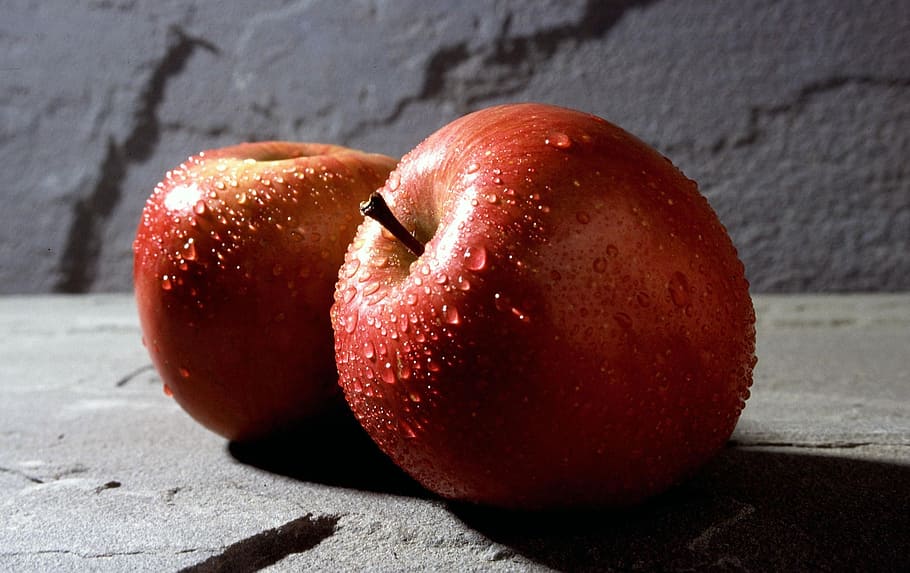 two red apples on gray stone, fruits, food, healthy, fresh HD wallpaper