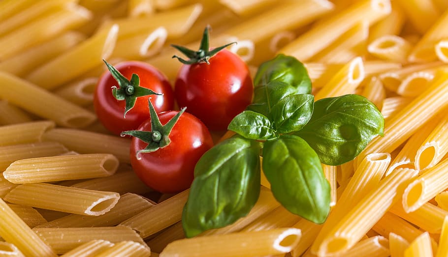three red tomatoes on raw pasta, noodles, penne, dine, eat, food, HD wallpaper