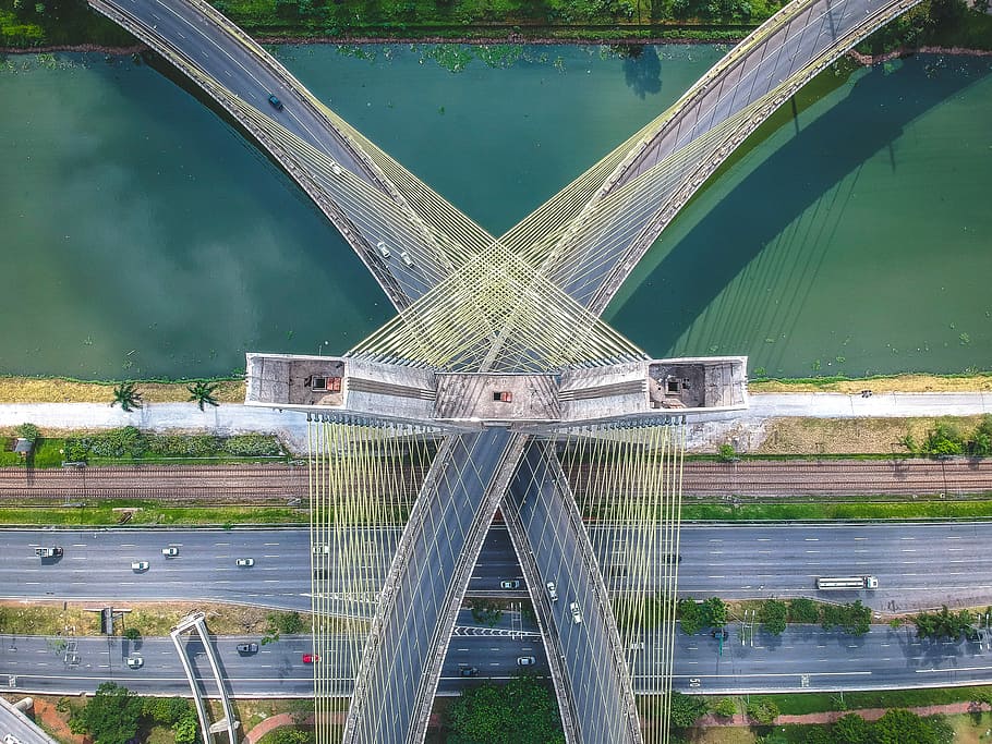 bridge aerial photography, bird's eye view of 2-way bridge over road, HD wallpaper
