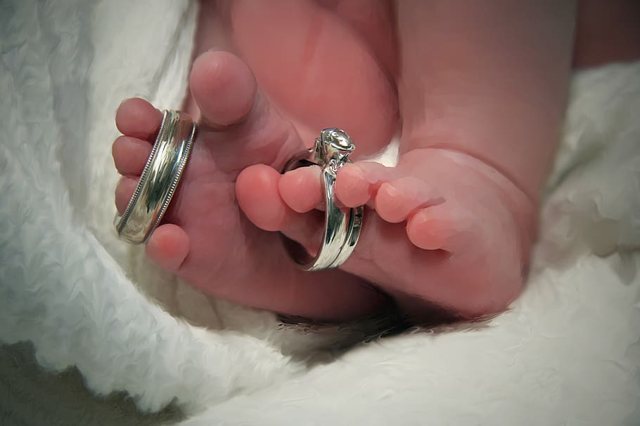 wedding, rings, baby, newborn, infant, toes, parent, human hand, HD wallpaper