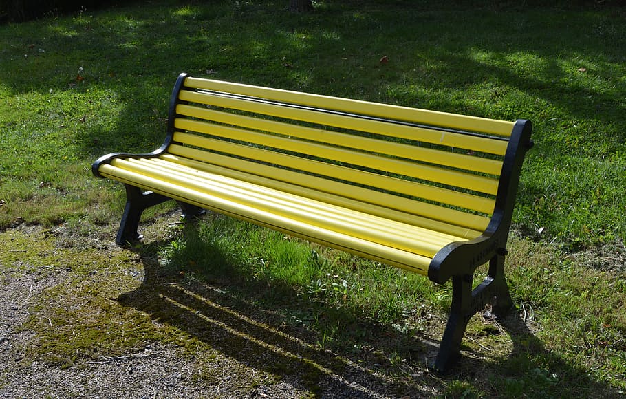 bench, sitting, public bench, nature, park, garden, rest, relaxing color yellow HD wallpaper