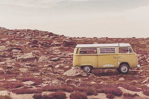 brown and white Volkswagen T2 on rocky road, nature, objects HD wallpaper
